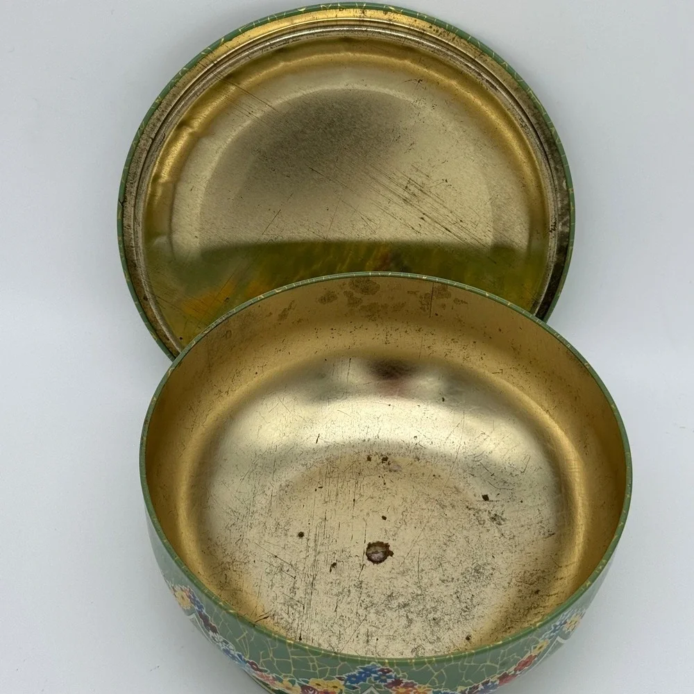 Vintage Daher England Green Crackle Floral Pedestal Candy Tin Acorn Knob Lid